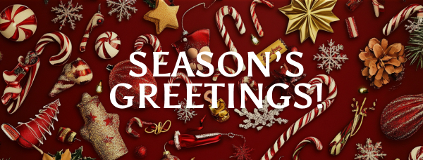 A dark red background covered with seasonable ornaments and items like candy canes, snowflakes, and stars. A white text overlay reads "season's greetings!" but is hard to read against the cluttered background. 