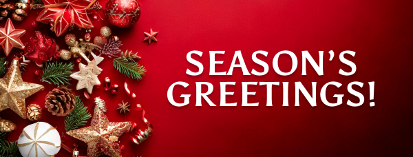 A red background with a group of seasonal ornaments or items grouped to the left side, including stars, pine needles, and pinecones. White text is on the right that reads "season's greetings!" 