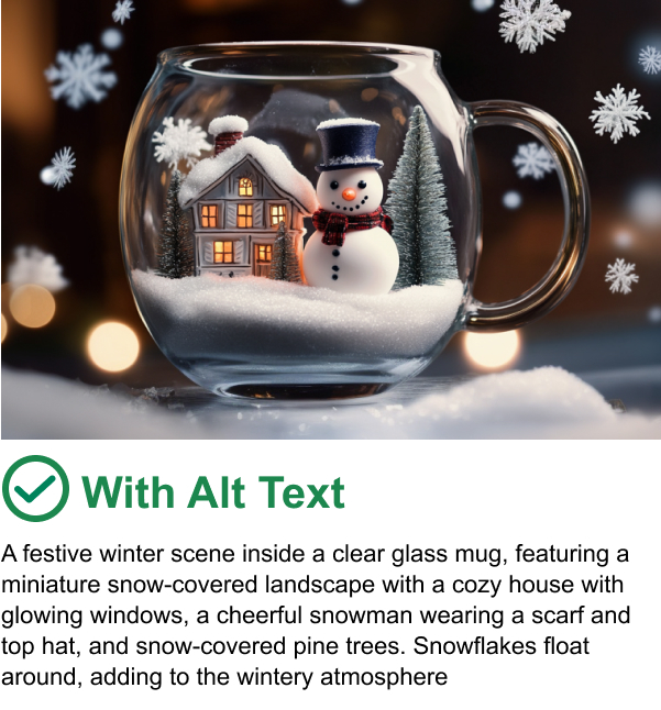 A festive winter scene inside a clear glass mug, featuring a miniature show-covered landscape with a cozy house with glowing windows, a cheerful snowman wearing a scarf and top hat, and snow-covered pine trees. Snowflakes float around, adding to the wintry atmosphere. 